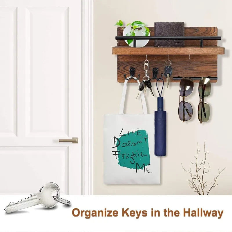 Pine Wood Key Holder — Mail Organizer with Shelf