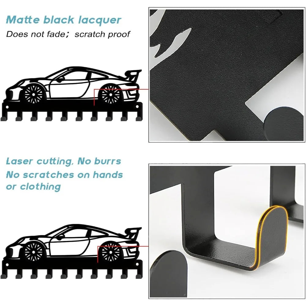 Race Car Metal Key Rack — 10-Hook Farmhouse Wall Organizer
