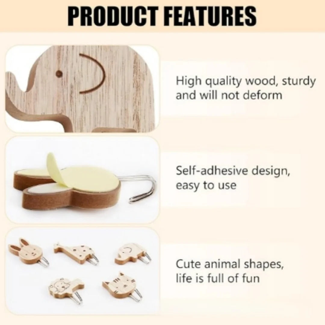 Cartoon Animal Wall Hooks — Punch-Free Wooden Rack