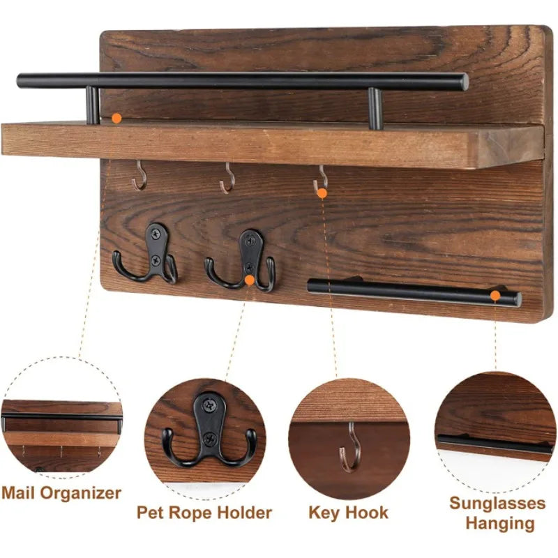 Pine Wood Key Holder — Mail Organizer with Shelf