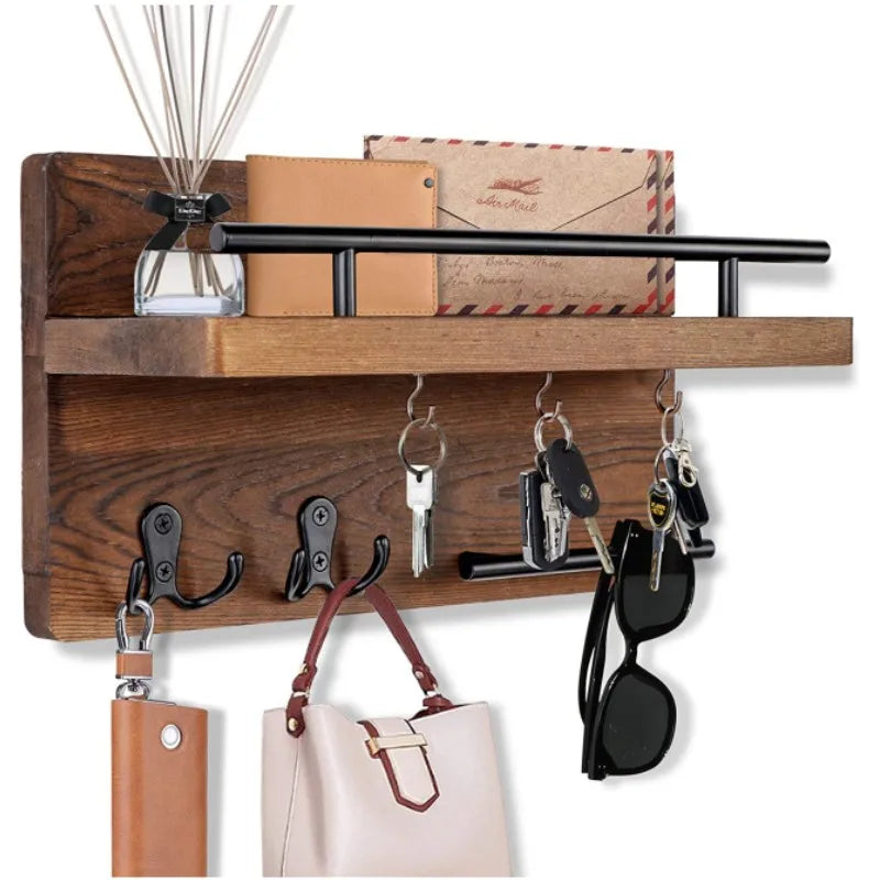 Pine Wood Key Holder — Mail Organizer with Shelf