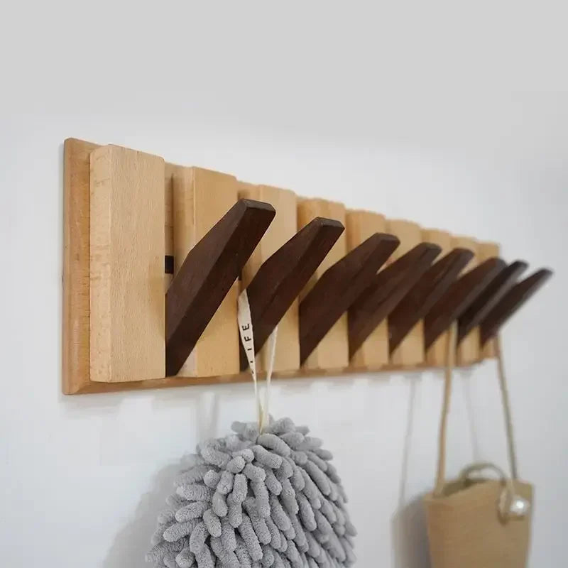 Walnut Wood Wall Rack — Foldable Coat & Key Organizer