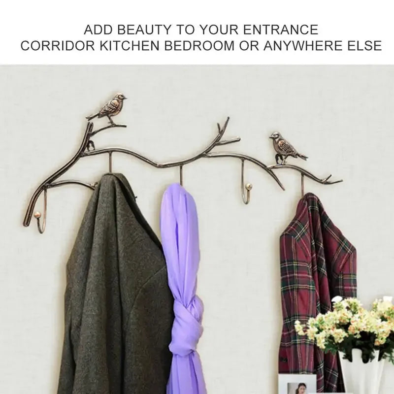Wrought Iron Bird Hook Rack — 5-Hook Wall Hanger