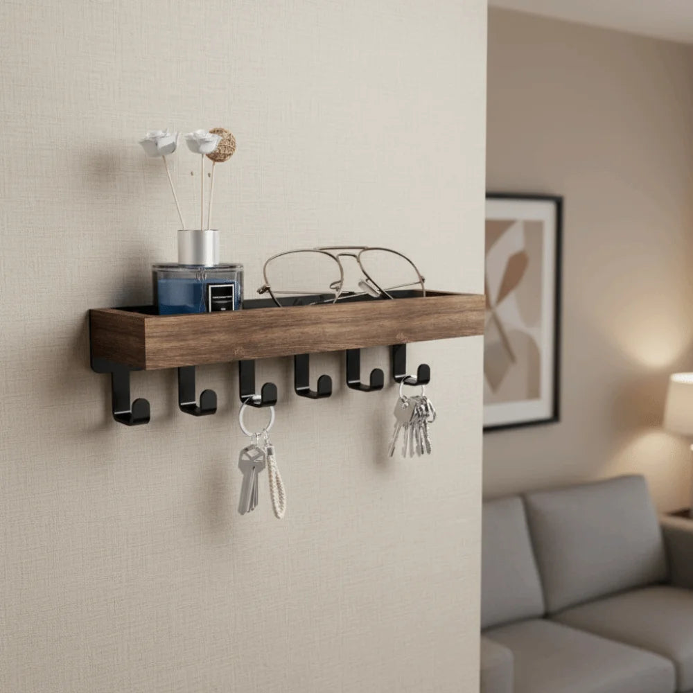 Wooden Key Rack — 6-Hook Organizer with Sunglasses Storage
