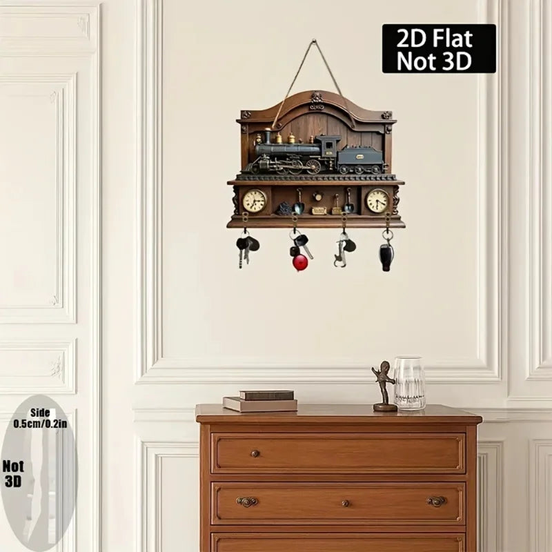 Retro Train Key Hook — 2D Wooden Wall Hanger