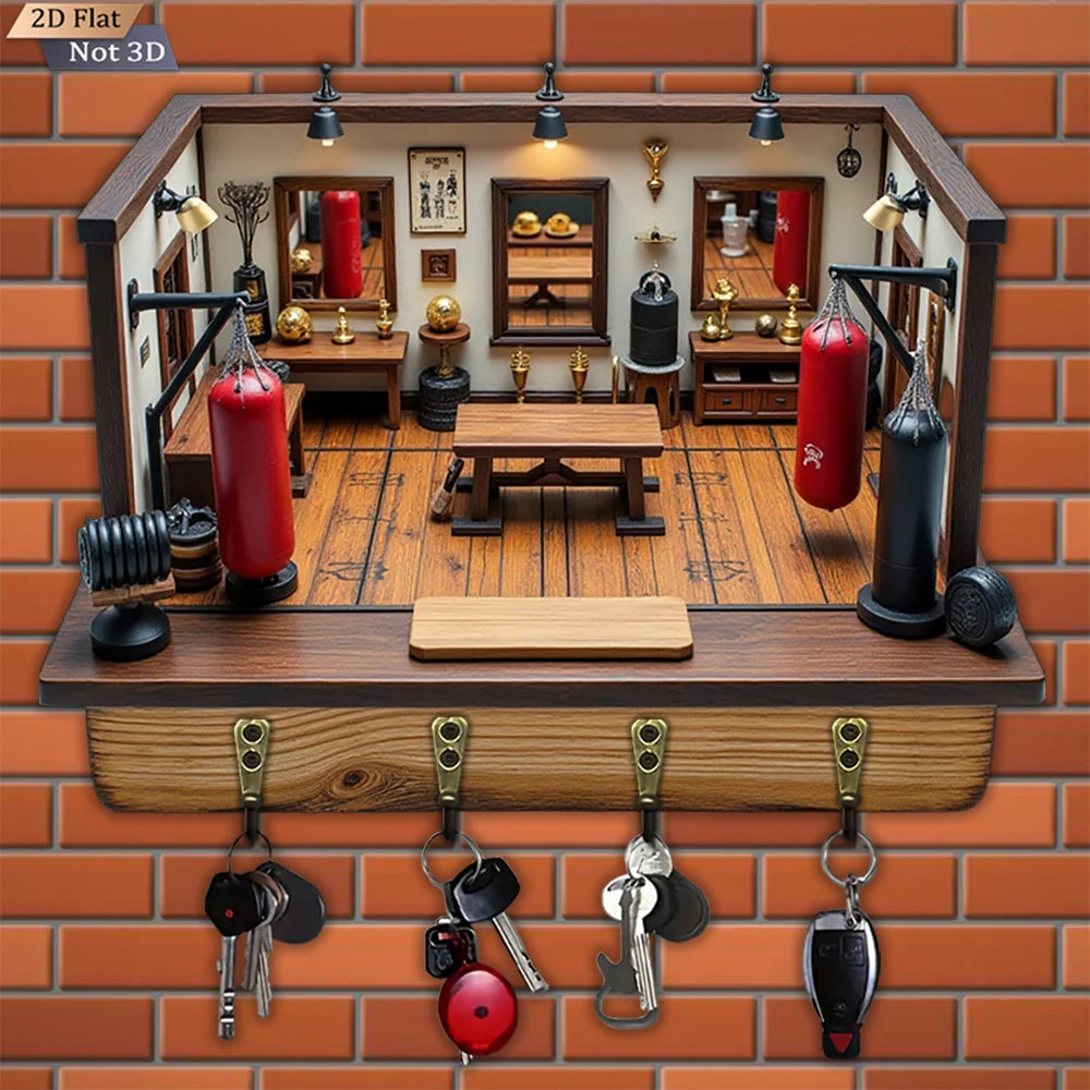 Boxing Figure Wooden Key Hook — Wall Hanger with 4 Metal Clips