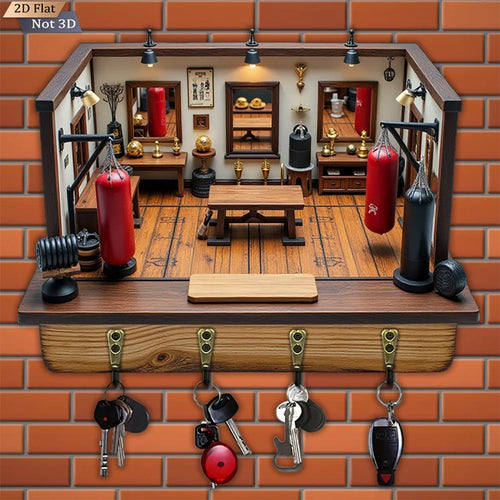 Boxing Figure Wooden Key Hook — Wall Hanger with 4 Metal Clips