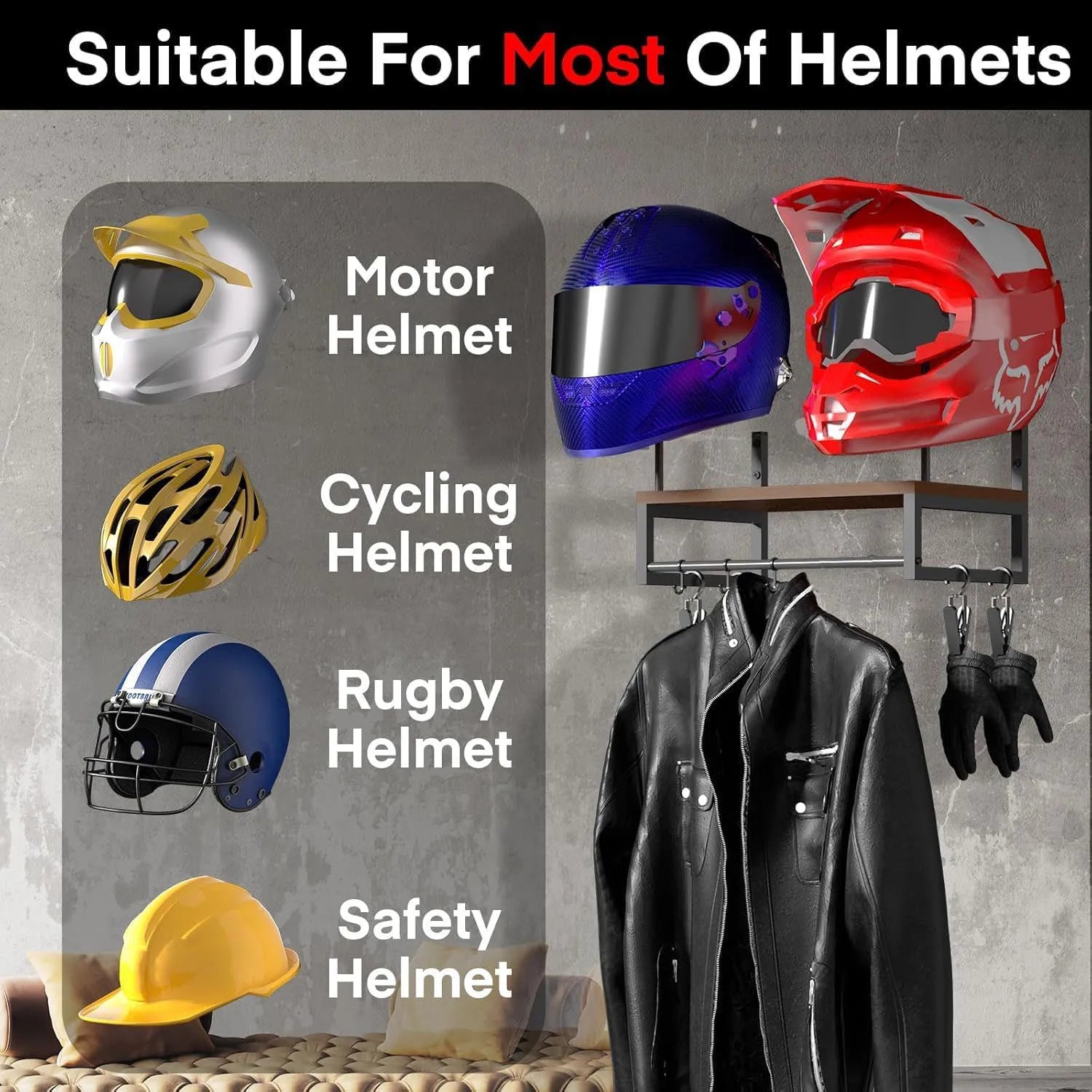 Motorcycle Helmet Wall Mount — Wooden Shelf with Hooks