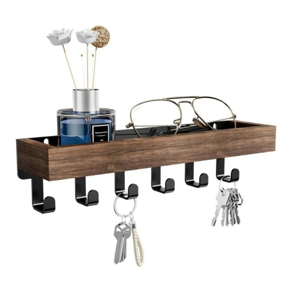 Wooden Key Rack — 6-Hook Organizer with Sunglasses Storage