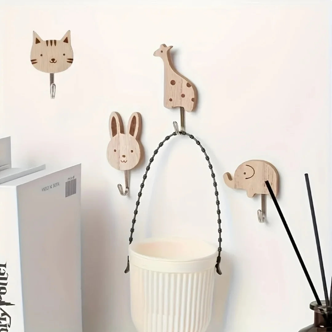 Cartoon Animal Wall Hooks — Punch-Free Wooden Rack