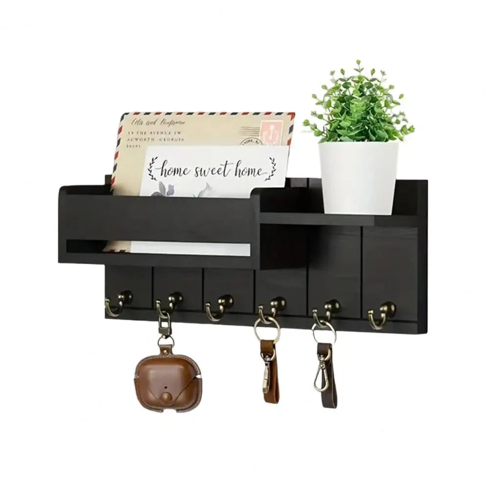 Rustic Wooden Key Holder — Wall Shelf with 6 Hooks