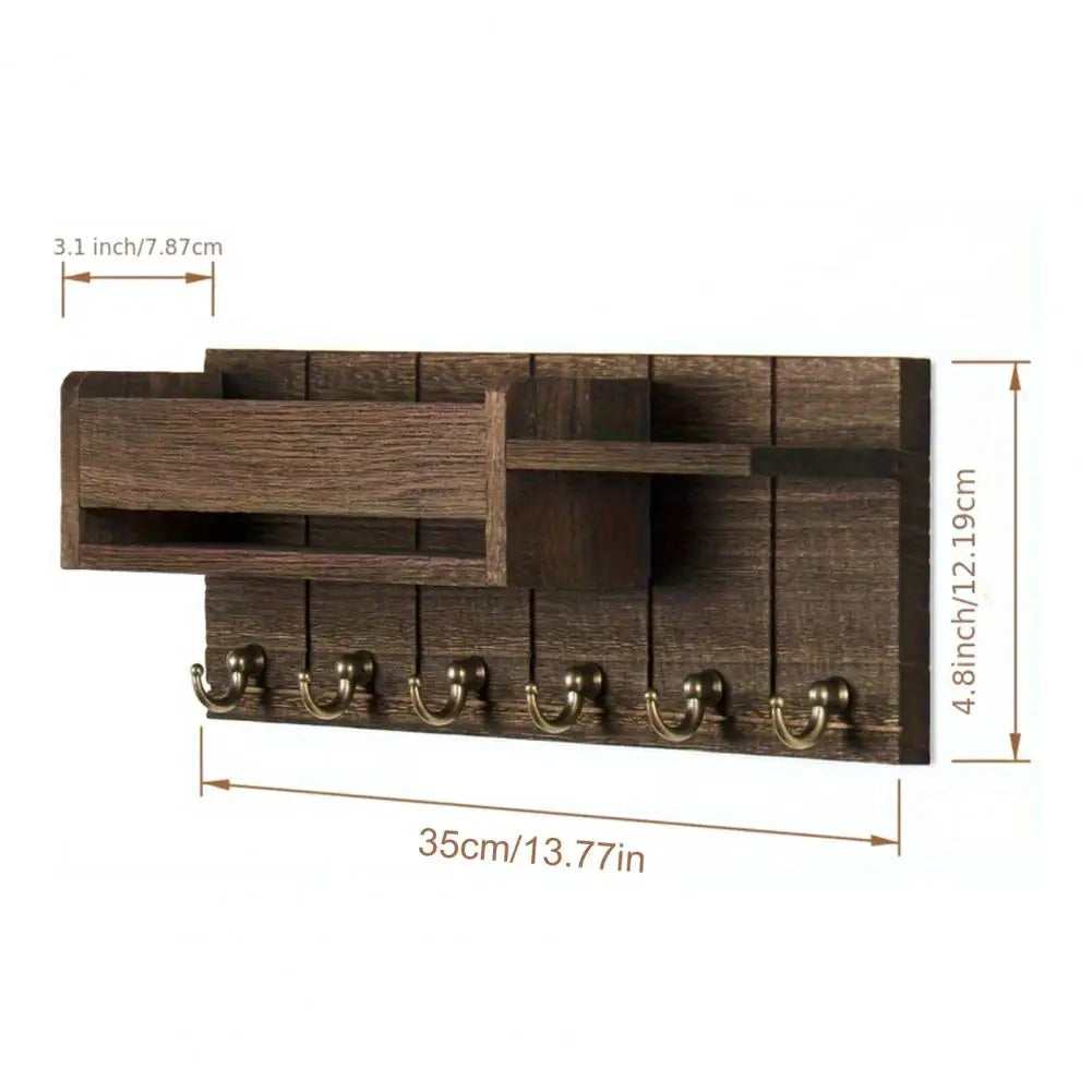 Rustic Wooden Key Holder — Wall Shelf with 6 Hooks
