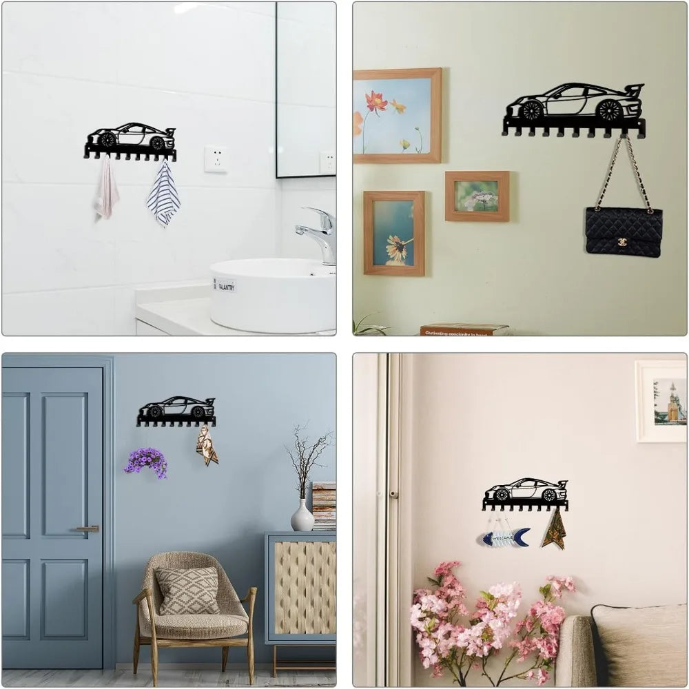 Race Car Metal Key Rack — 10-Hook Farmhouse Wall Organizer