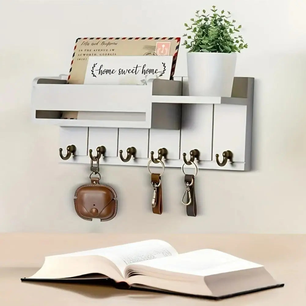 Rustic Wooden Key Holder — Wall Shelf with 6 Hooks