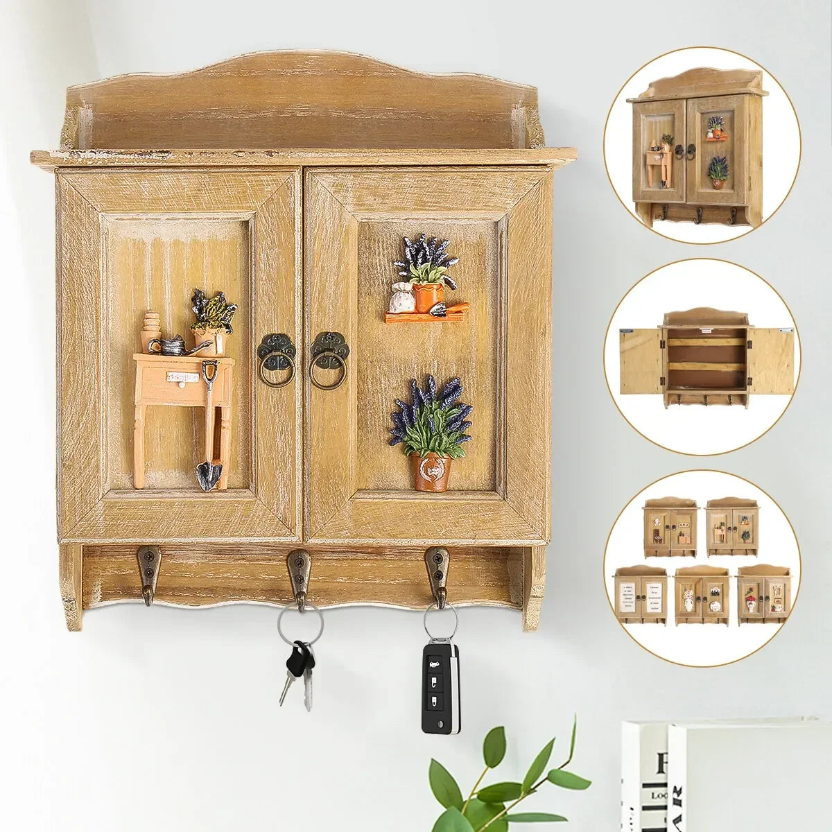 Retro Double-Door Key Cabinet — 9-Hook Wall Organizer