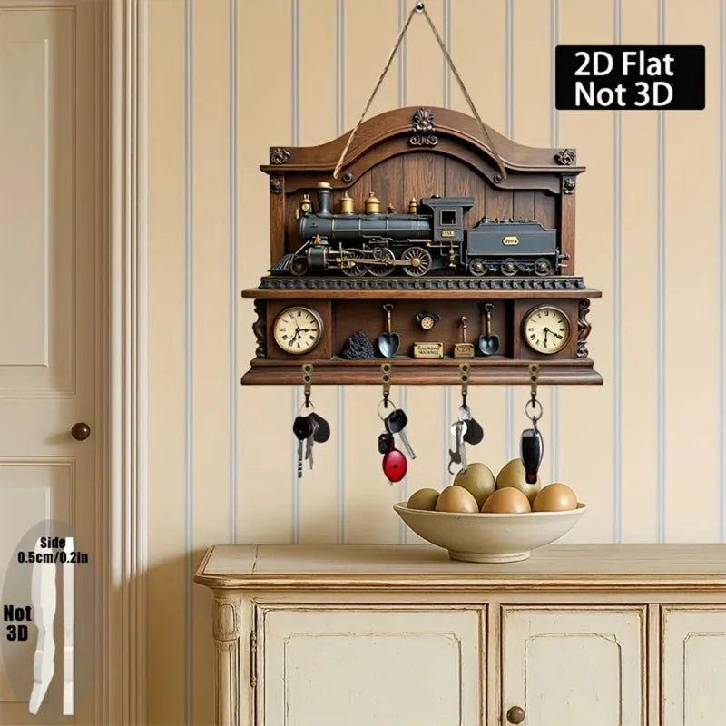 Retro Train Key Hook — 2D Wooden Wall Hanger