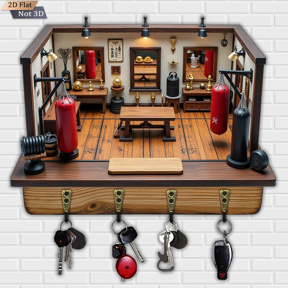 Boxing Figure Wooden Key Hook — Wall Hanger with 4 Metal Clips