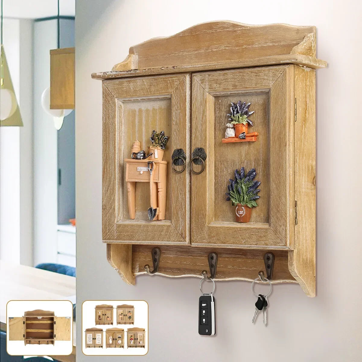 Retro Double-Door Key Cabinet — 9-Hook Wall Organizer