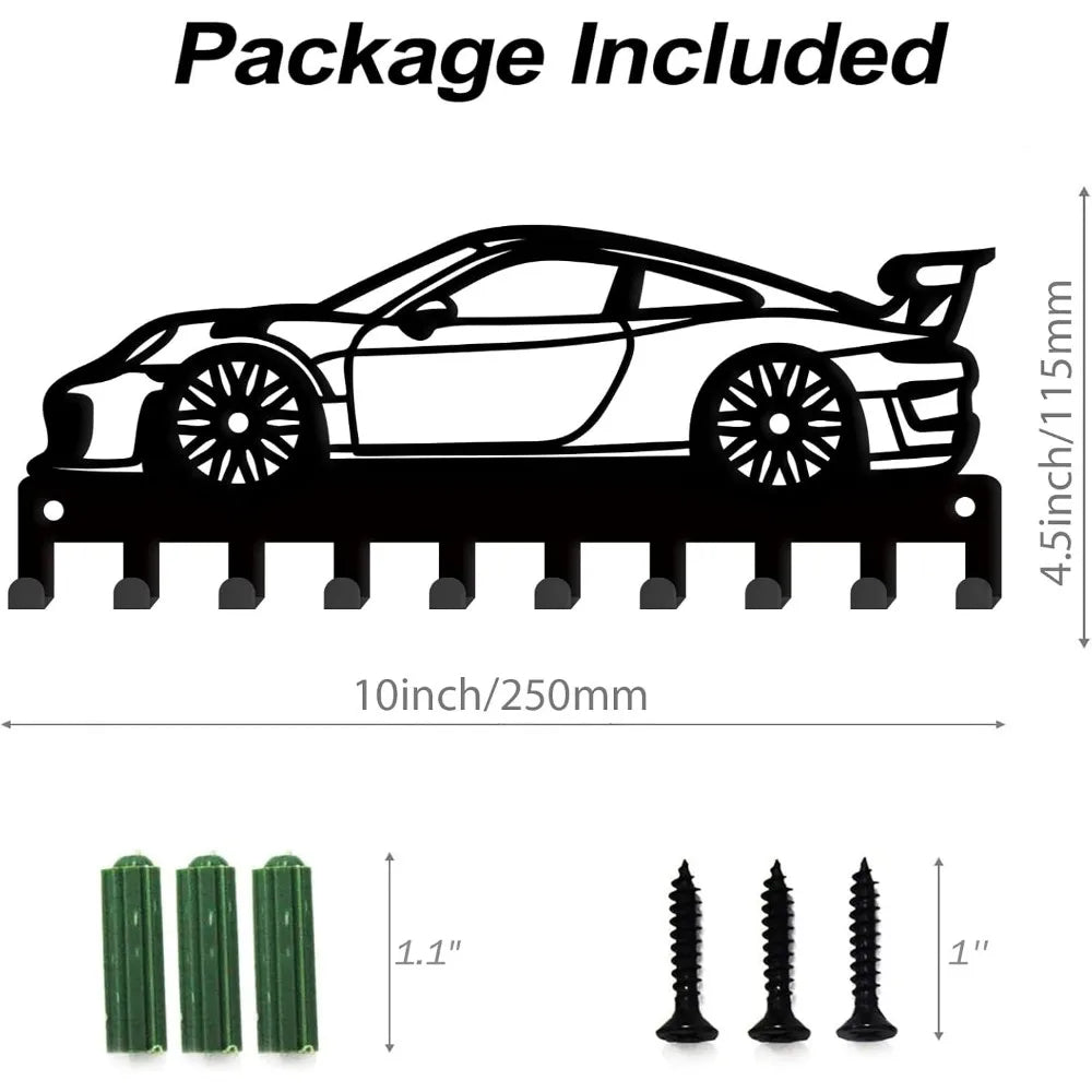 Race Car Metal Key Rack — 10-Hook Farmhouse Wall Organizer