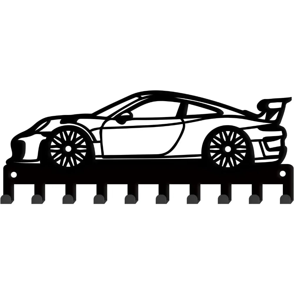 Race Car Metal Key Rack — 10-Hook Farmhouse Wall Organizer