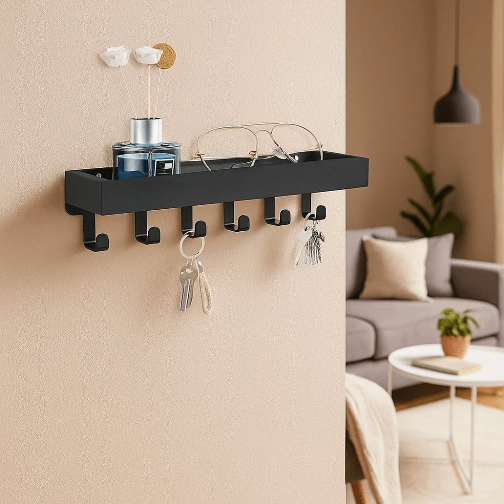Wooden Key Rack — 6-Hook Organizer with Sunglasses Storage