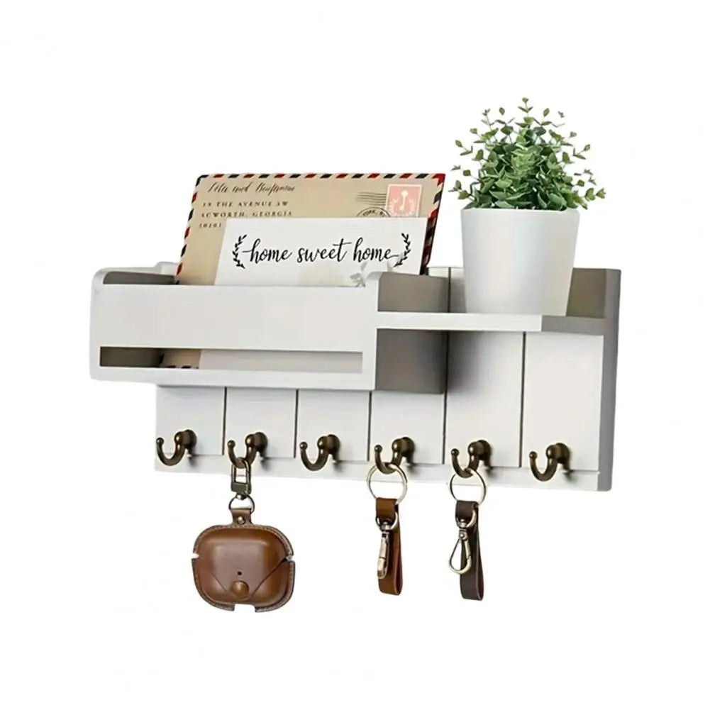 Rustic Wooden Key Holder — Wall Shelf with 6 Hooks