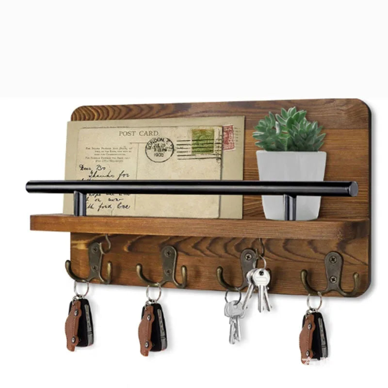 Pine Wood Key Holder — Mail Organizer with Shelf